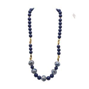 Vintage Blue Swirl Ceramic Gold Toned Beaded Necklace 25 Inch